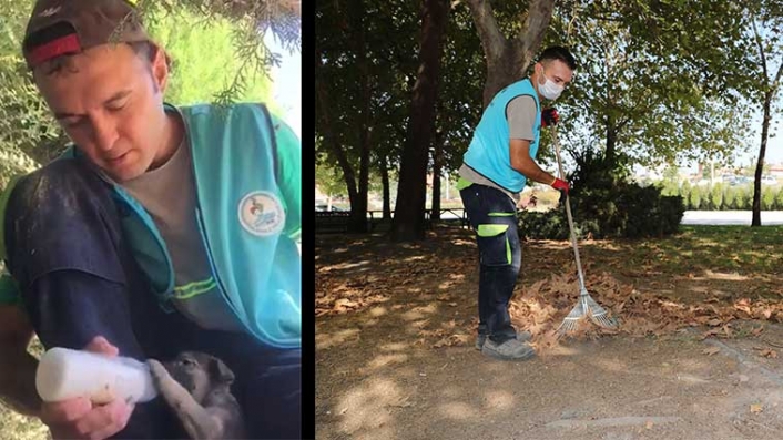 İşitme engelli belediye çalışanı annesiz yavru köpeklere sahip çıktı