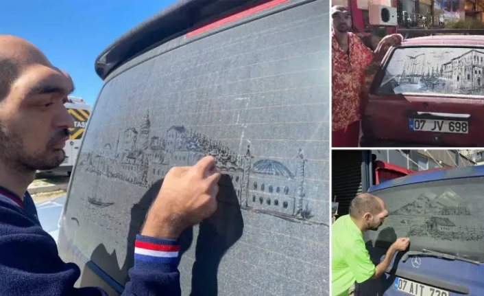 Kirli araçları görünce dayanamıyor: Tozlu camları sanat eseri haline getiriyor!